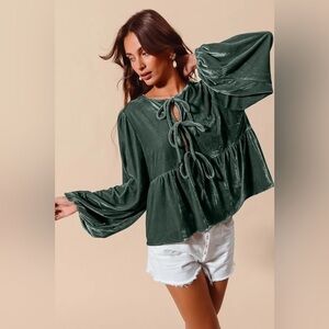 SO ME Spaghetti Strap Front Tie Velvet Holiday Blouse